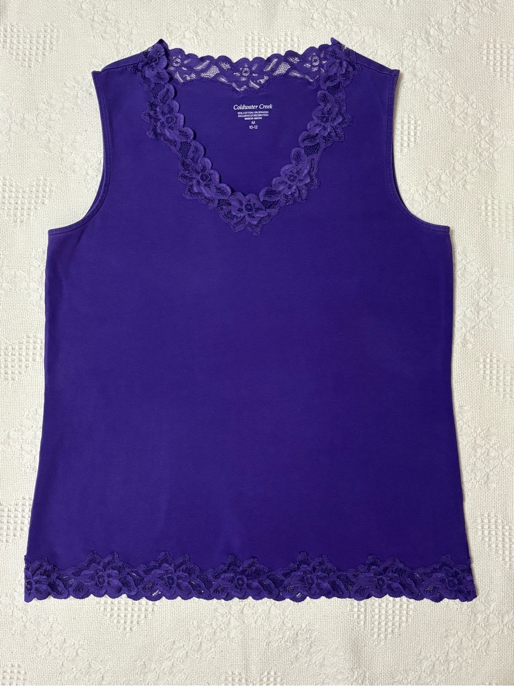 Coldwater Creek Purple Lace Trim Tank Top | Elegant Sleeveless V-Neck | Size M